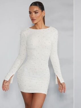 OH POLLY Hague Long Sleeve Embellished Backless Mini Dress White/Ivory